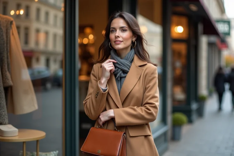 Femme élégante portant des accessoires tendance – sac en cuir, boucles d'oreilles dorées et foulard en soie – devant une boutique parisienne en automne