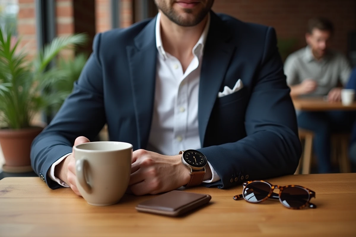 Homme élégant dans un café urbain portant une montre en cuir, lunettes de soleil écaille et porte-cartes – accessoires masculins tendance