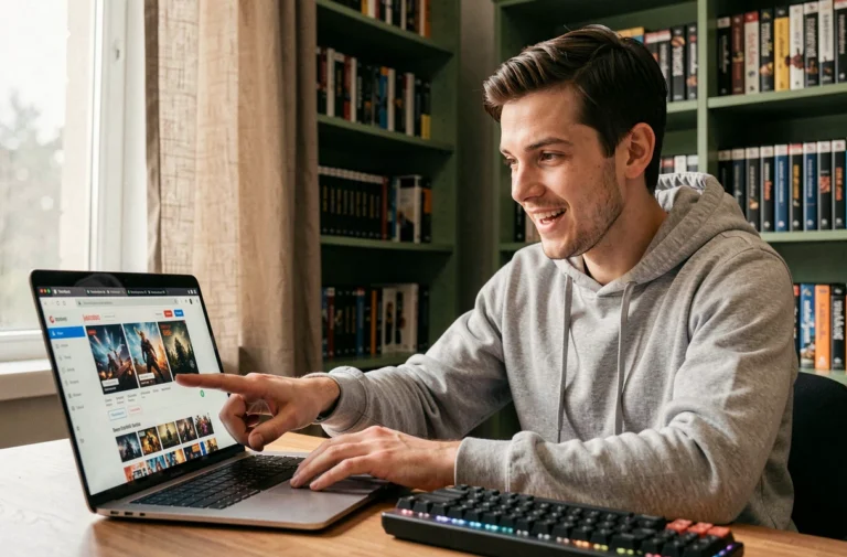 Jeune homme parcourant un site de vente de jeux vidéo en ligne sur son ordinateur portable dans un bureau cosy à domicile