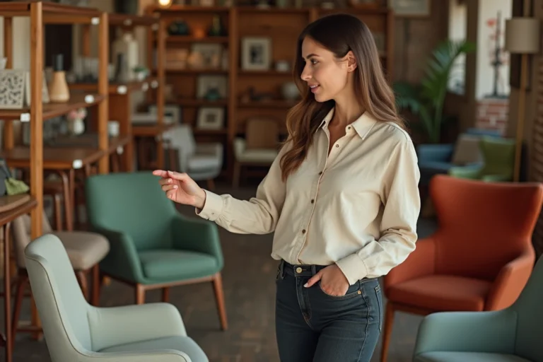 Femme qui parcourt un magasin de mobilier designer d'occasion à la recherche de meubles tendance pas chers