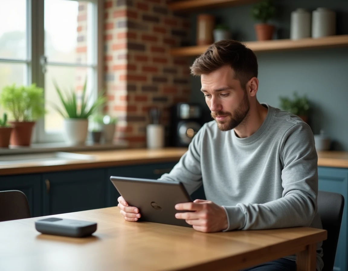 Homme consultant les actualités Wype sur une tablette depuis sa cuisine, avec les produits de la marque posés sur la table