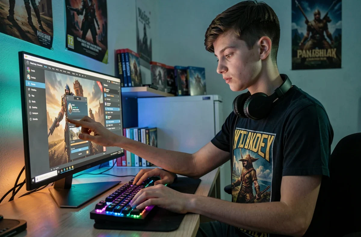 Adolescent en train d'acheter un jeu vidéo sur une boutique en ligne depuis son PC gaming dans sa chambre