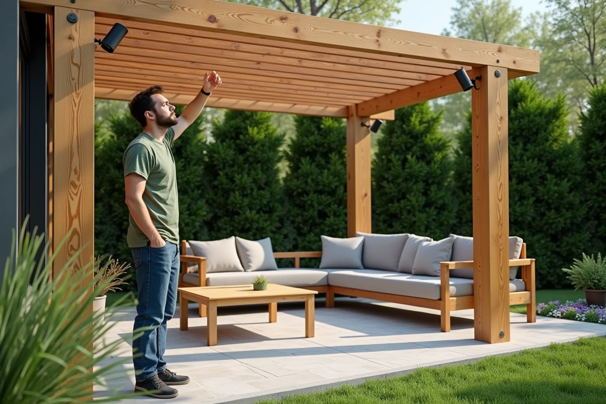 Jeune homme assemblant une pergola en bois dans le jardin
