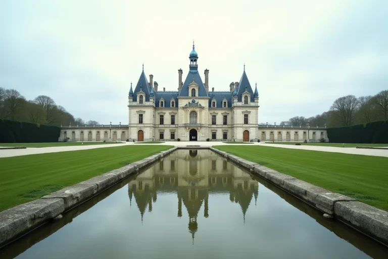 Vue panoramique du château de Chambord depuis les jardins formels, reflet dans le bassin et ciel nuageux