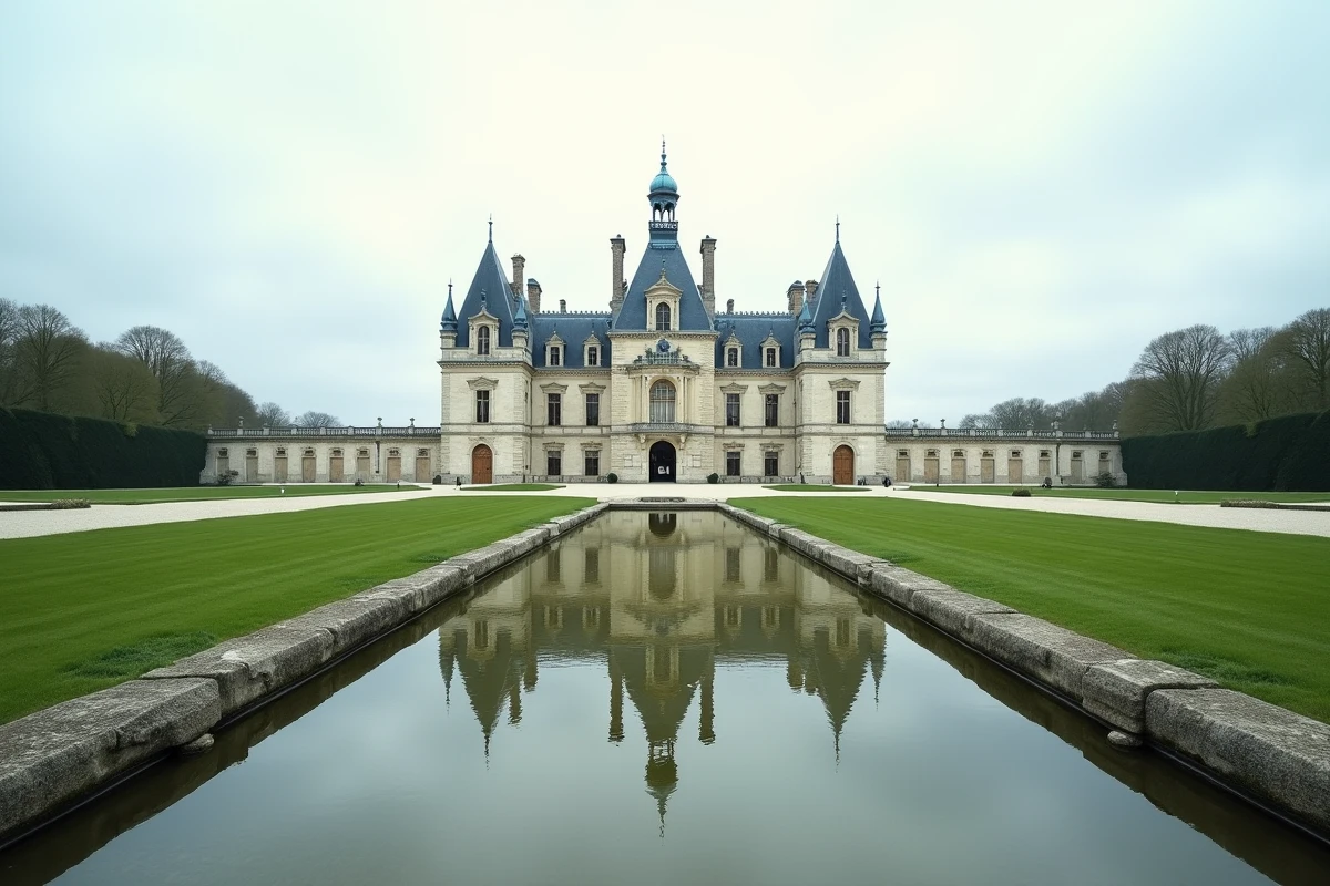 Vue panoramique du château de Chambord depuis les jardins formels, reflet dans le bassin et ciel nuageux