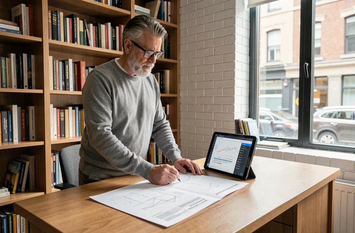 Chef de projet expérimenté analysant des plans d'accompagnement entrepreneurial dans un bureau professionnel