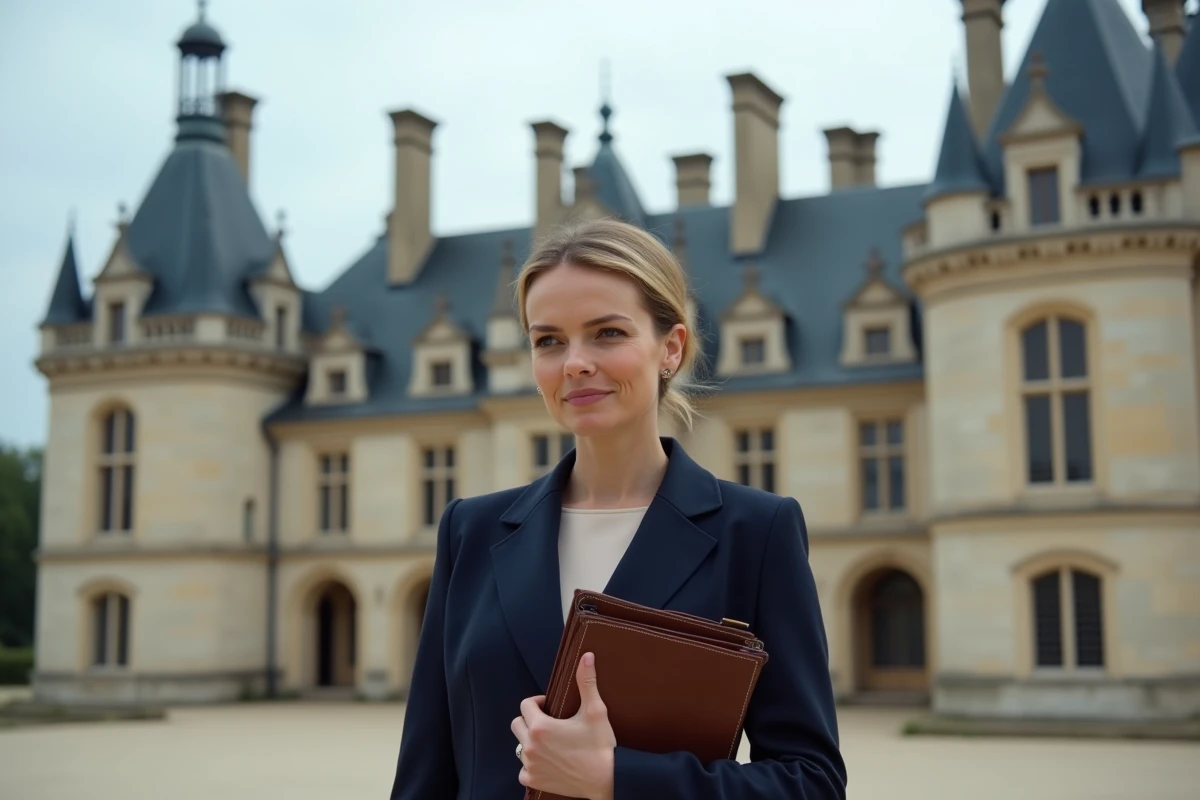 Conservatrice du patrimoine sur la terrasse du château de Chambord tenant un dossier d'expertise immobilière