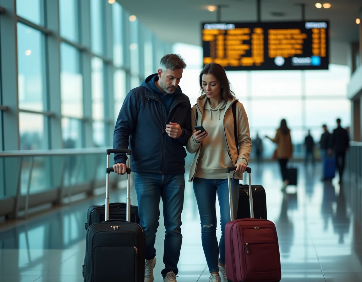 Couple consultant leur smartphone dans un terminal d'aéroport international avec valises, prêt à embarquer pour leurs vacances