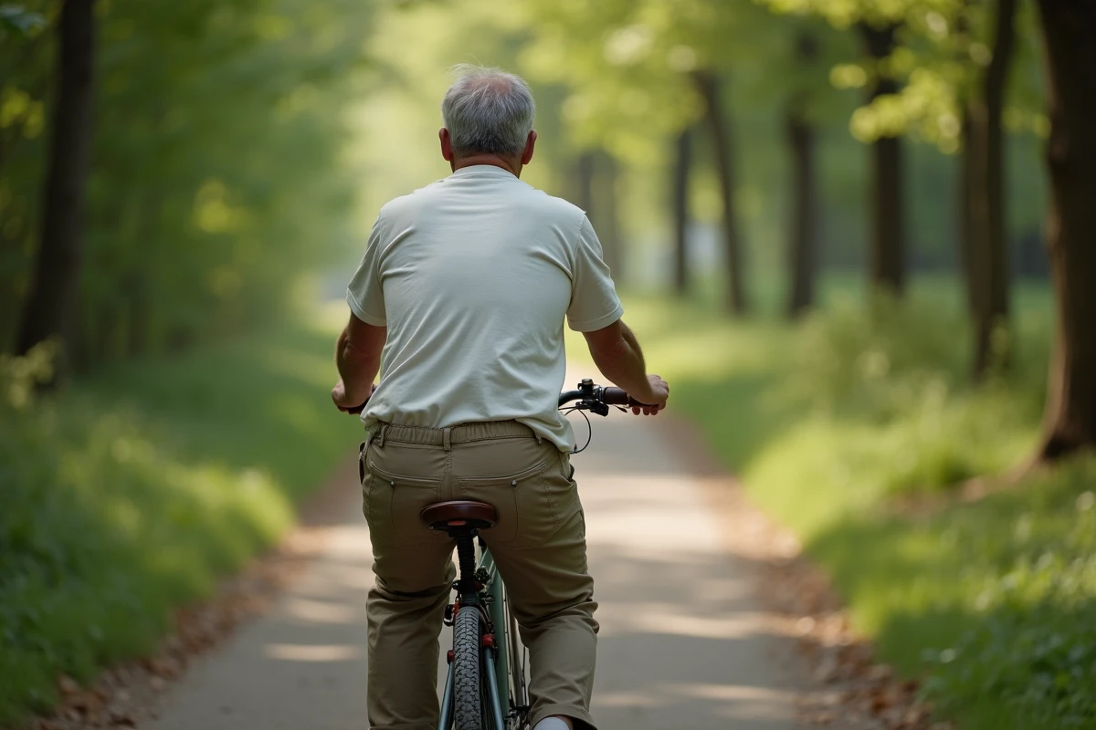 Homme à vélo dans une forêt paisible