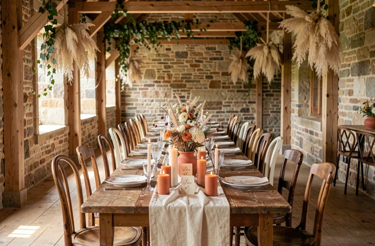 Décoration de table de mariage bohème et personnalisée dans une grange en pierre restaurée avec des fleurs séchées et de la vaisselle artisanale