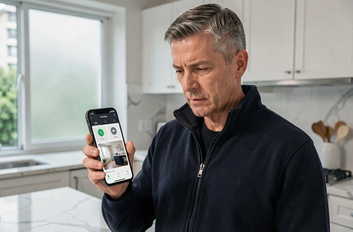 Homme utilisant une application mobile pour désactiver une alarme Verisure depuis une cuisine contemporaine