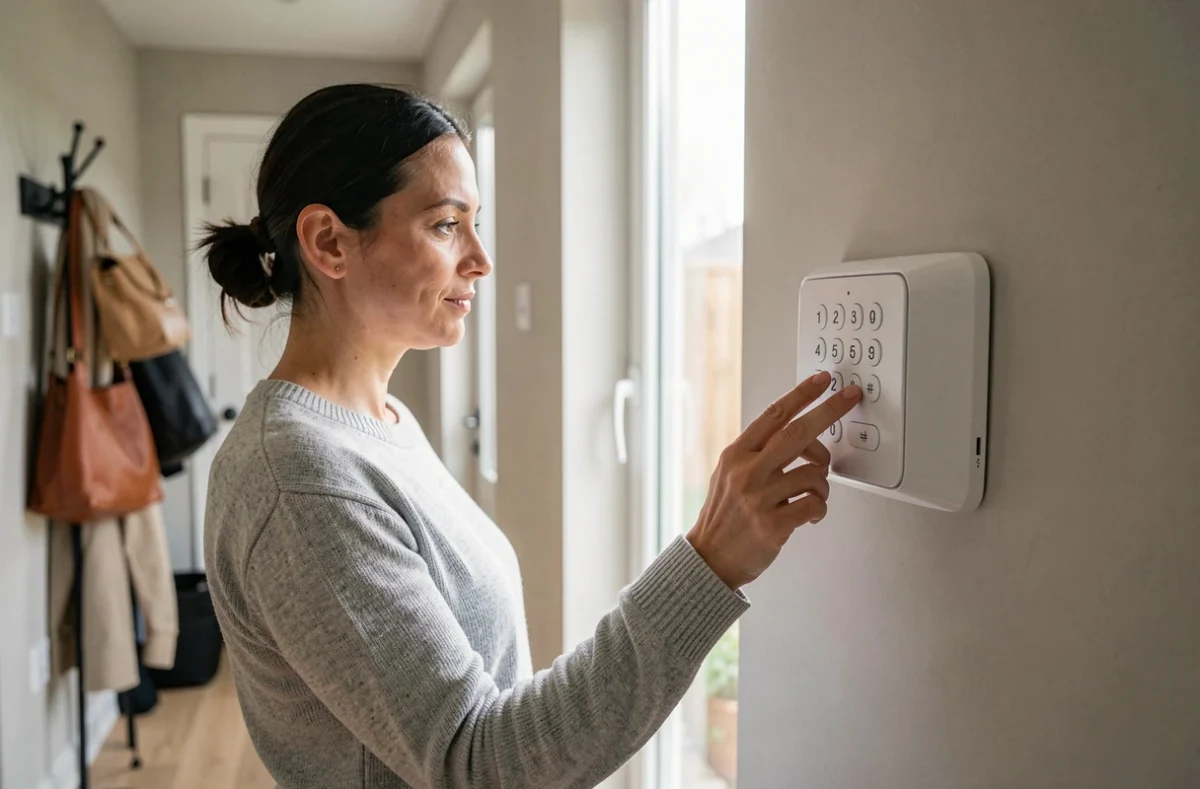Femme désactivant une alarme de sécurité Verisure sur un clavier numérique mural dans un couloir moderne