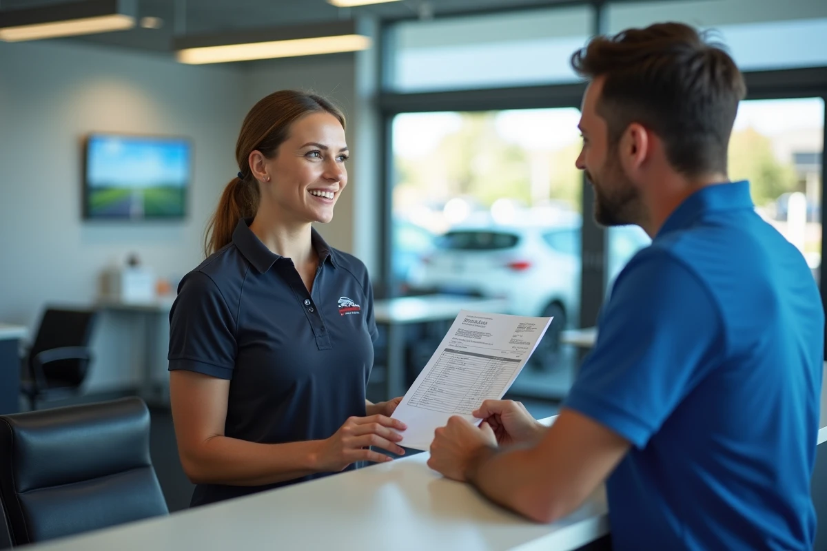 Conseillère automobile présentant le devis de remplacement de courroie de distribution à un client dans un garage moderne