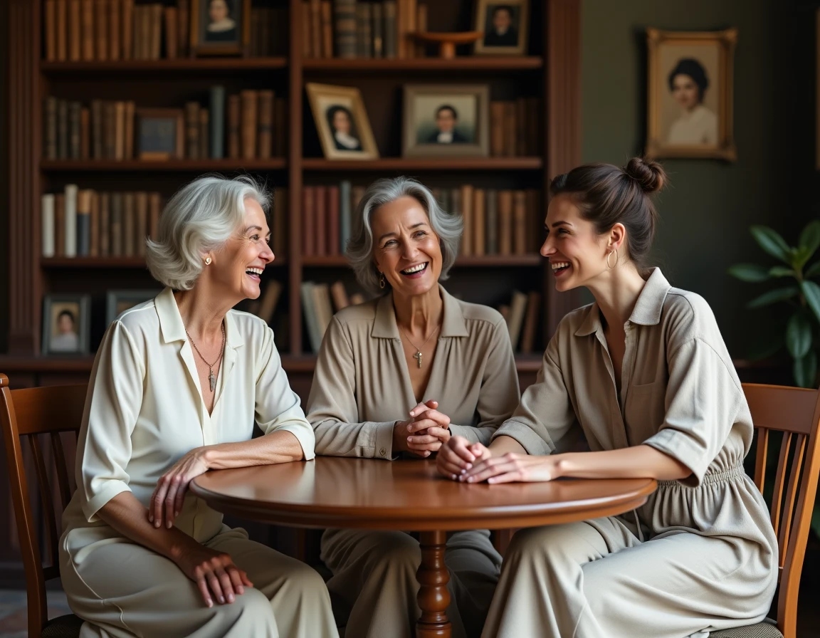 Trois femmes de générations différentes en tenues d'époques variées, symbolisant l'évolution des canons de beauté féminine à travers le temps