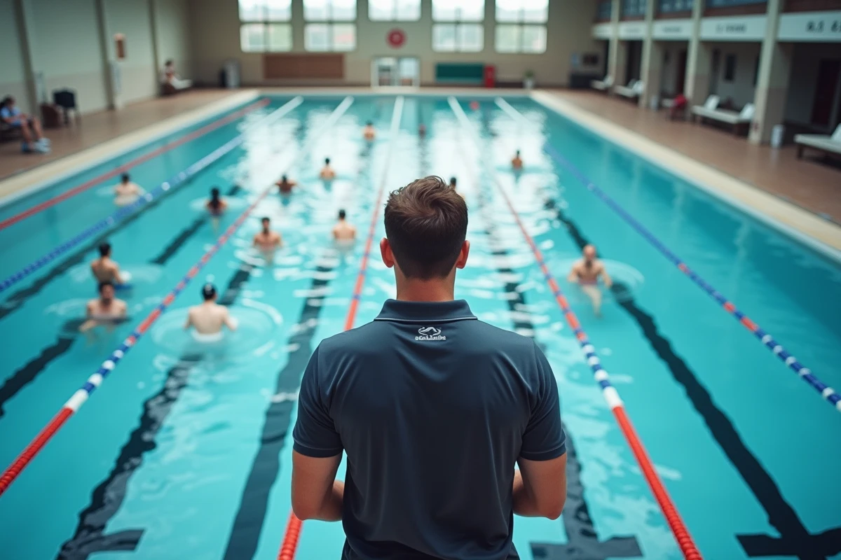 Entraîneur de natation supervisant une séance dans une grande piscine olympique à Lyon