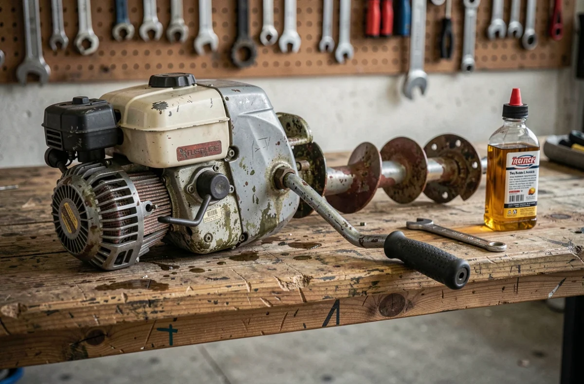 Entretien du moteur thermique d'une tarière GT Garden TT-GD520 sur un établi de garage