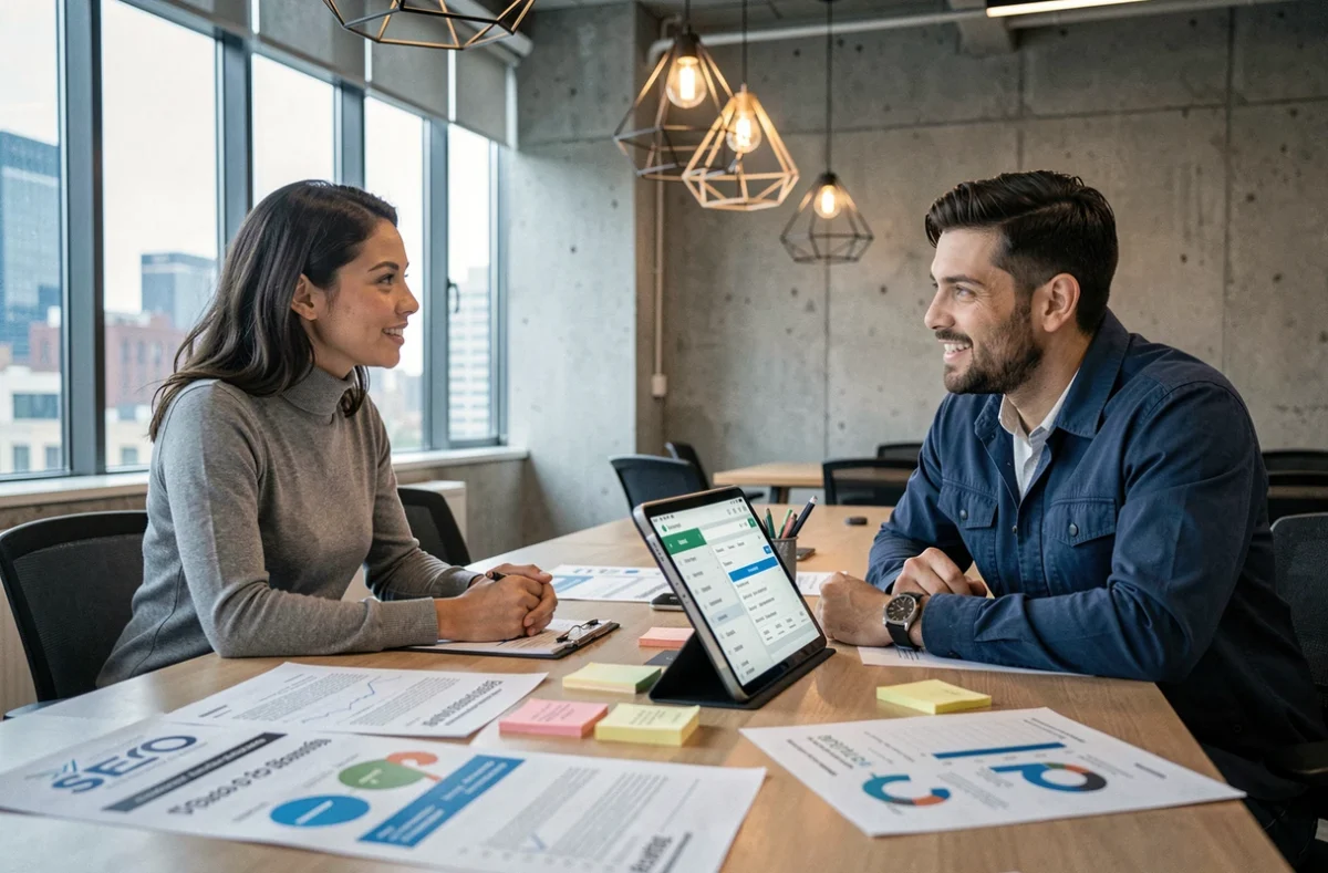 Équipe marketing collaborant autour d'une stratégie de référencement SEO avec des outils de soumission automatisée et des rapports imprimés