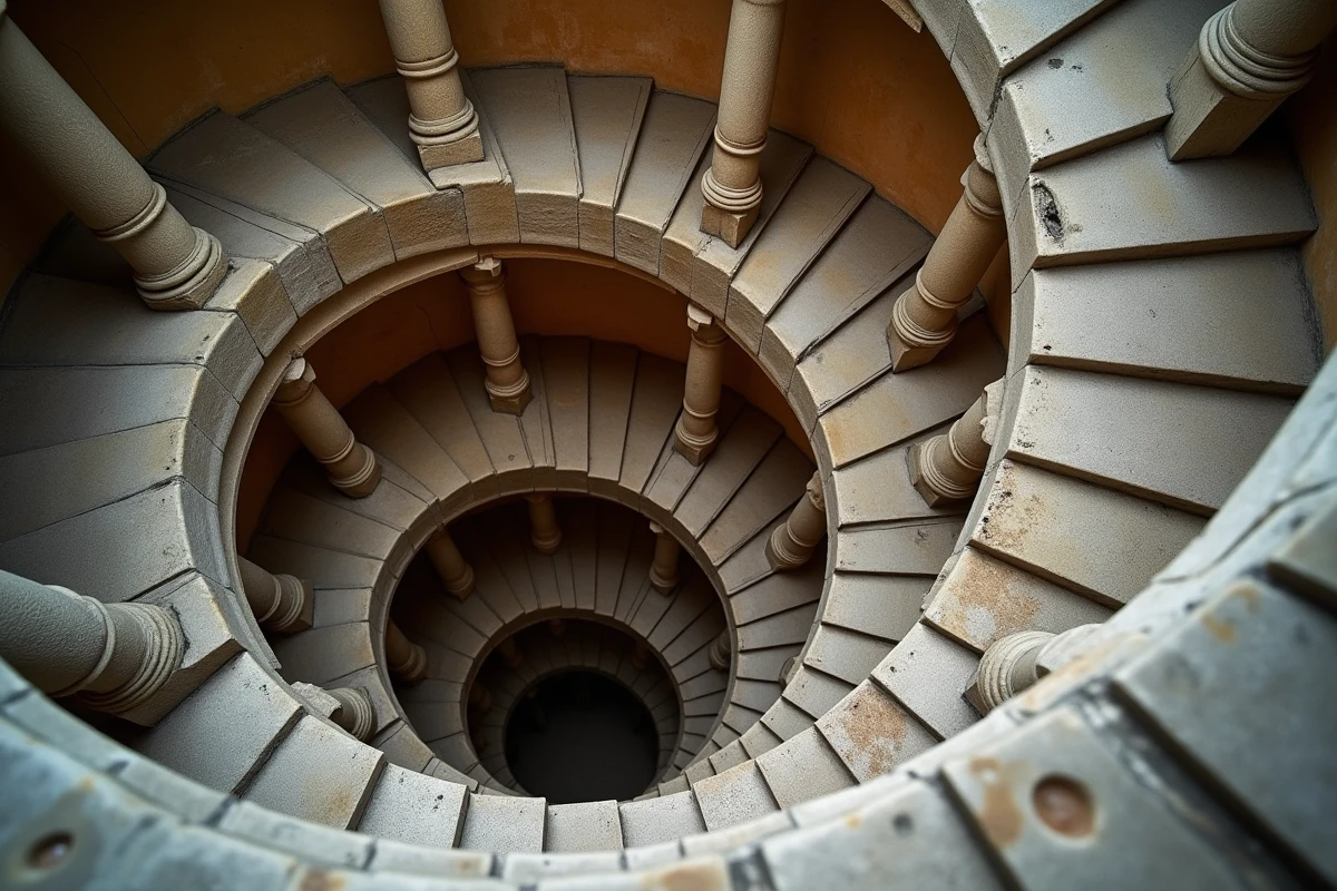 Détail de l'escalier à double révolution du château de Chambord, pierre taillée et architecture Renaissance
