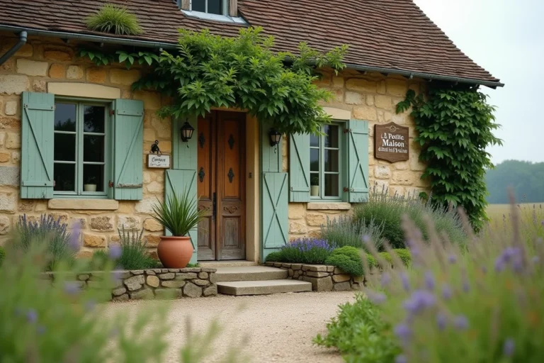 Façade en pierre authentique du restaurant La Petite Maison dans la Prairie entourée de fleurs sauvages et de lavande