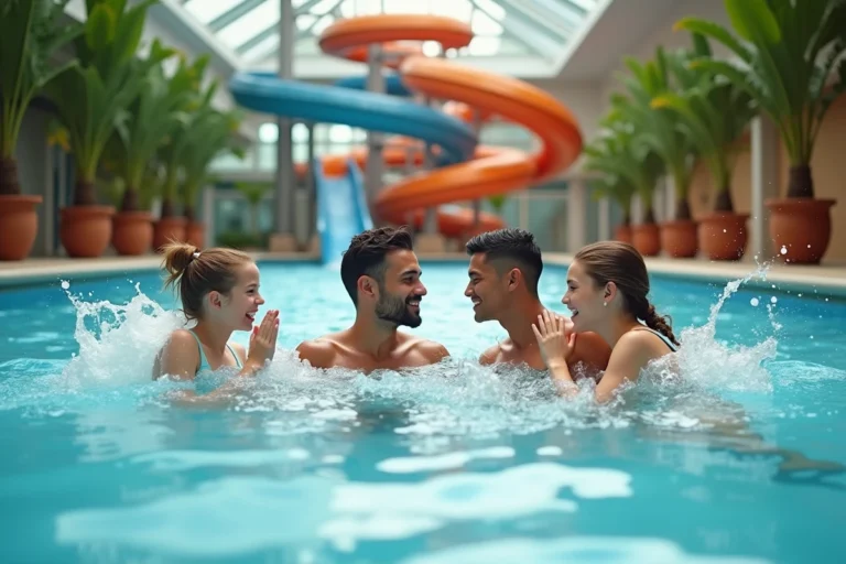 Famille profitant d'un centre aquatique à Lyon avec toboggans et piscine à vagues intérieure