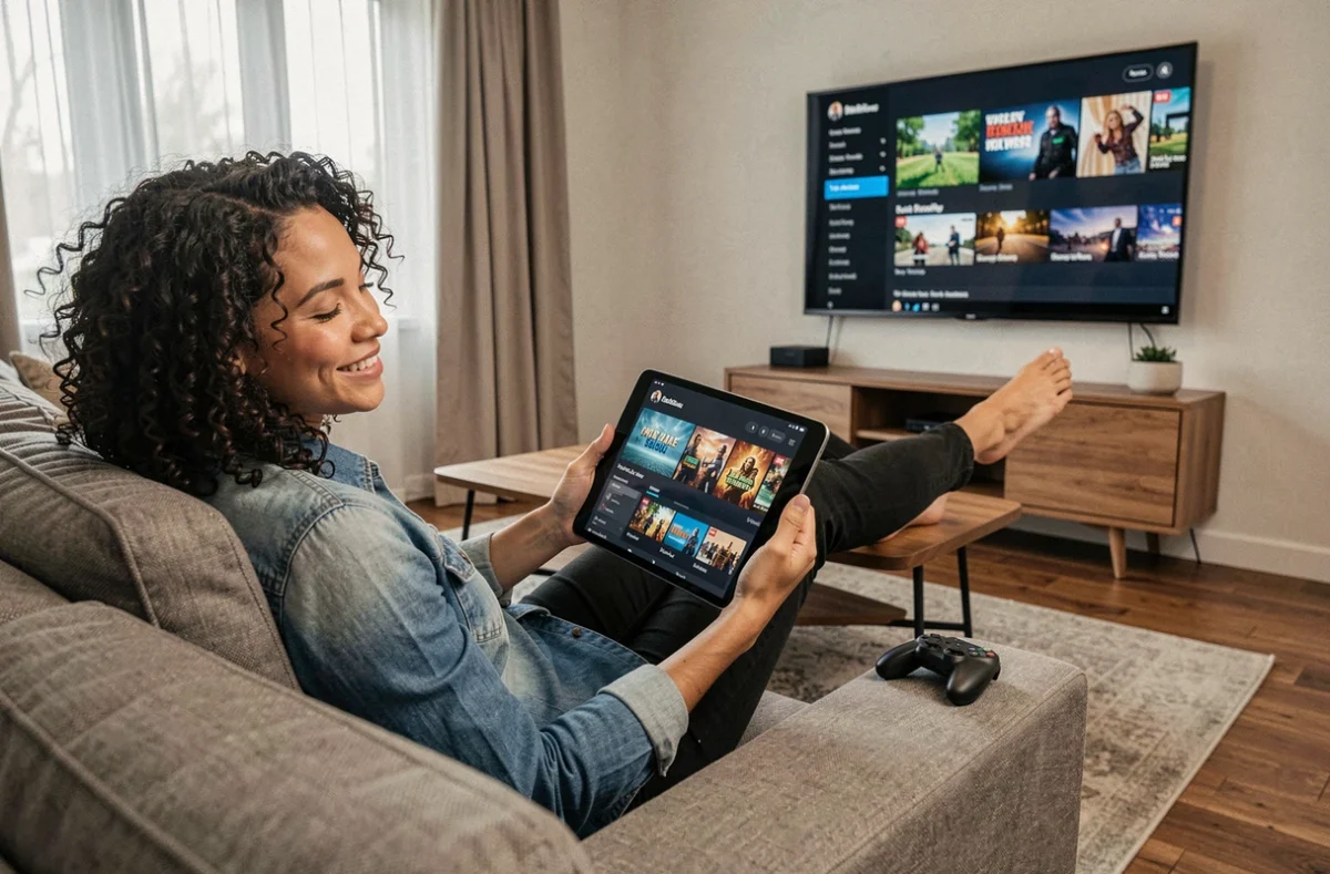 Femme utilisant une tablette pour acheter des jeux vidéo en ligne depuis son salon moderne