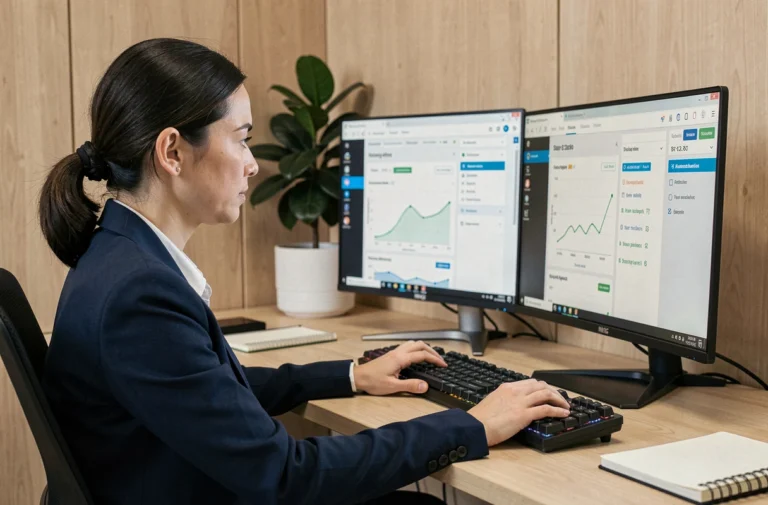 Femme professionnelle analysant un tableau de bord de référencement SEO sur deux écrans avec un logiciel de soumission automatisée