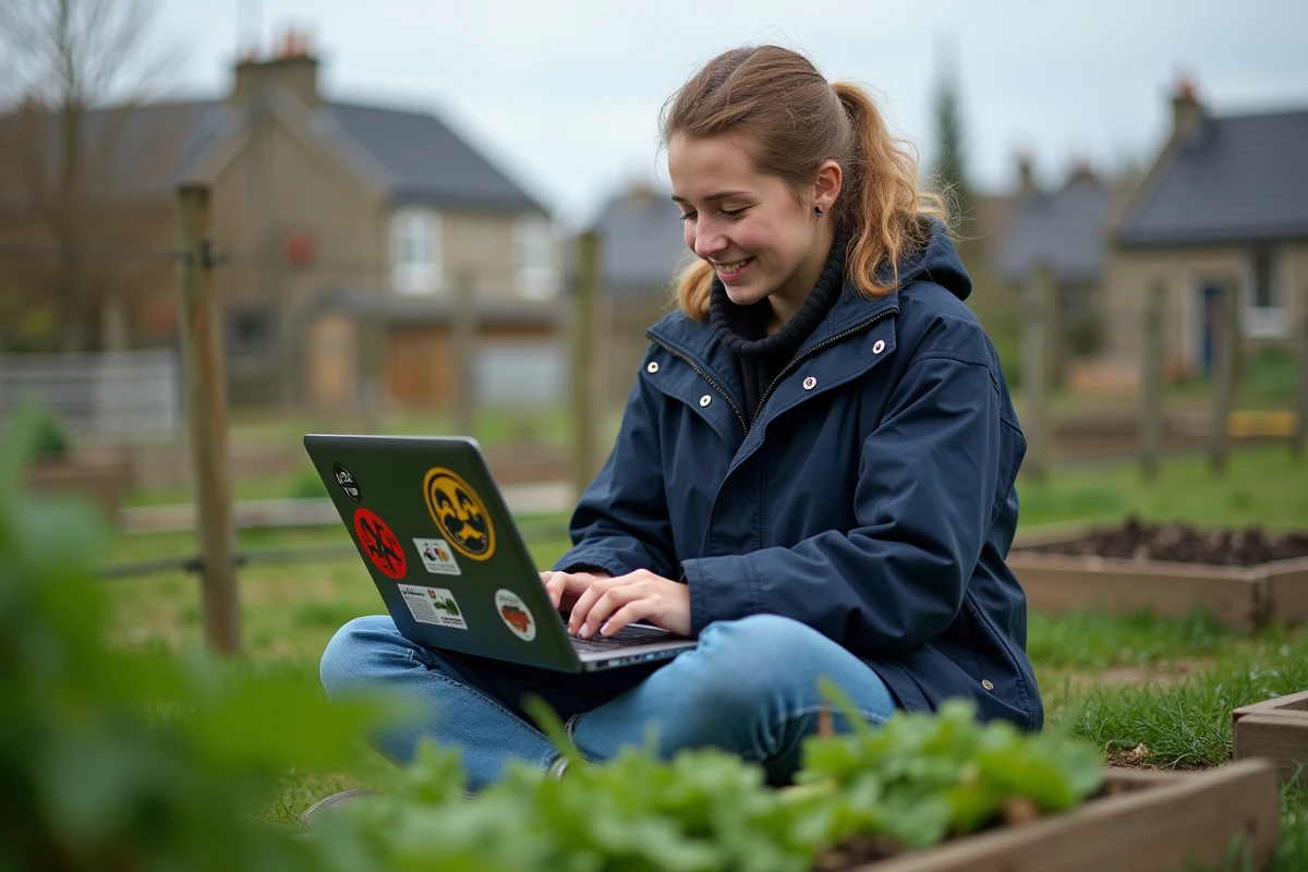Jeune femme bretonne travaillant sur un ordinateur dans un jardin