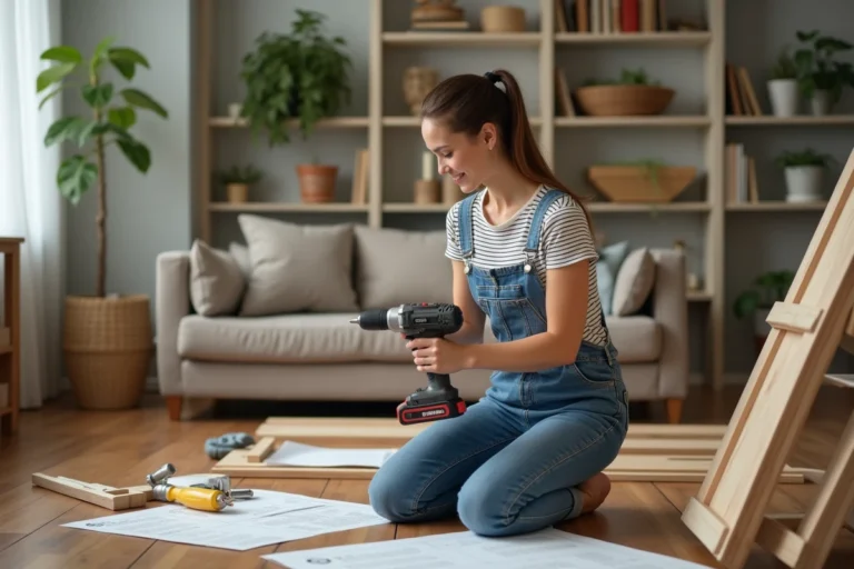Femme en salopette en train d'assembler une étagère en bois