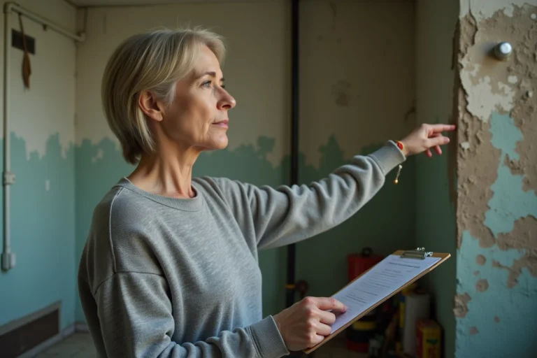 Femme d'âge moyen pointant une peinture écaillée et moisie dans un appartement abandonné