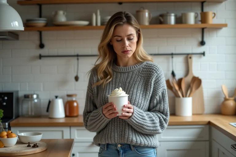 Femme examinant une bombe de chantilly dans la cuisine