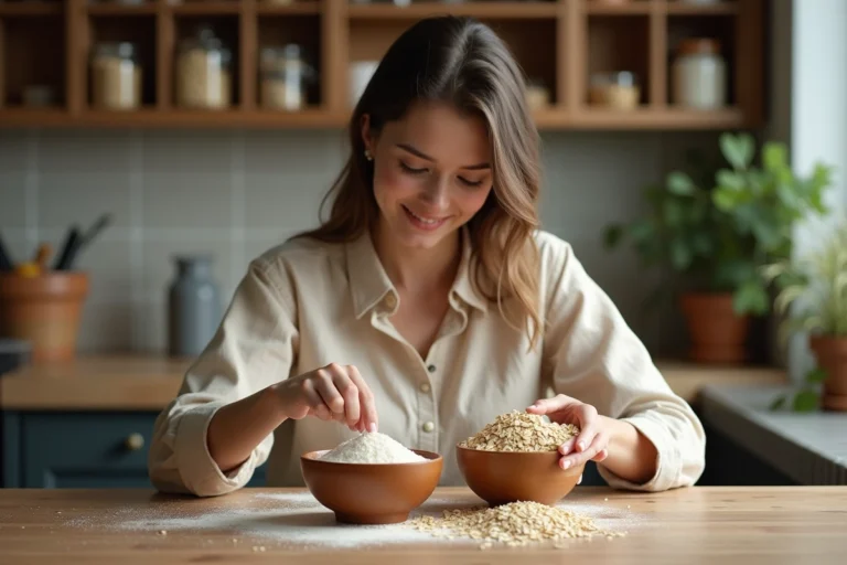 Jeune femme compare flocons d'avoine et farine dans la cuisine