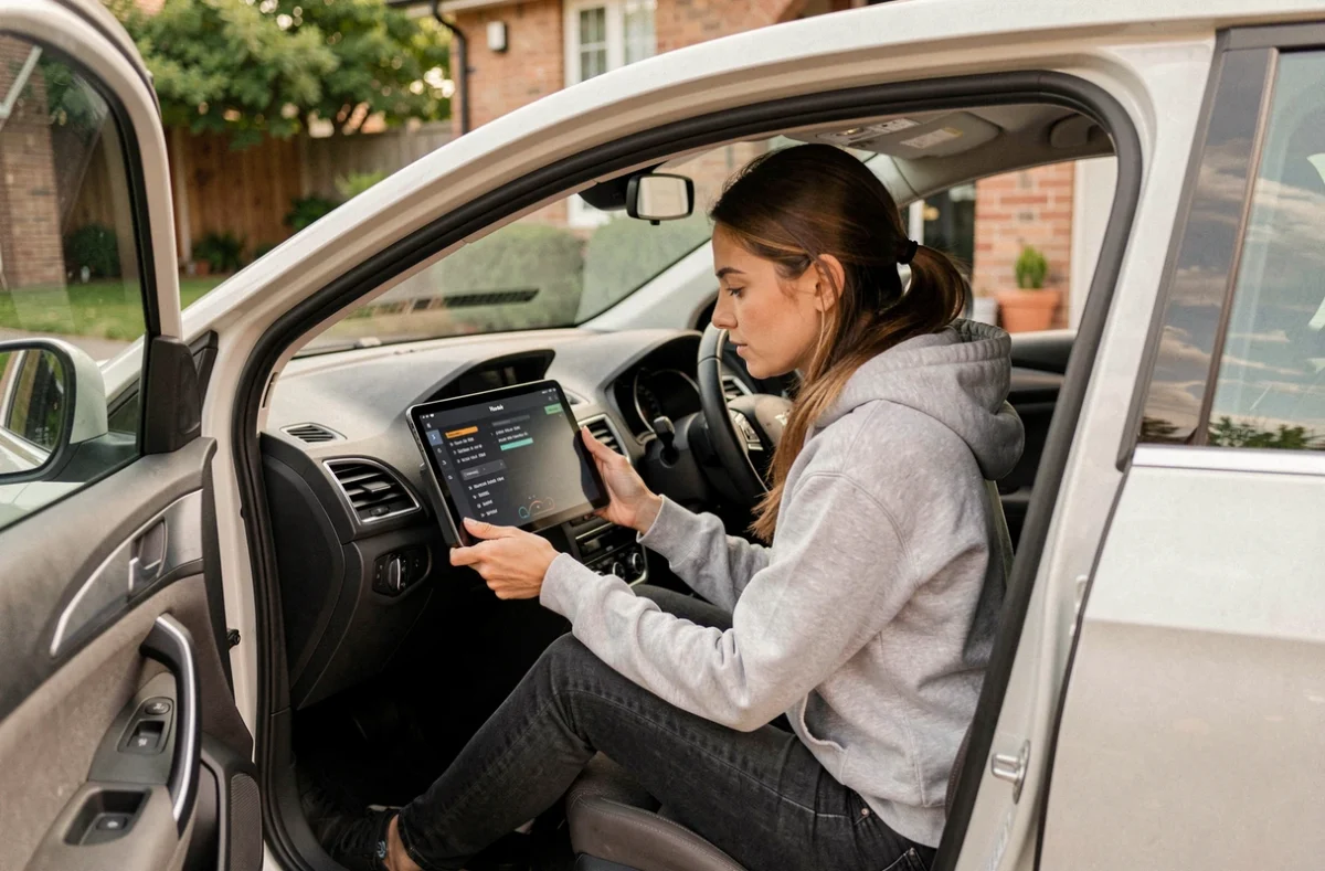 Femme consultant une application de diagnostic automobile sur tablette dans l'habitacle de sa voiture