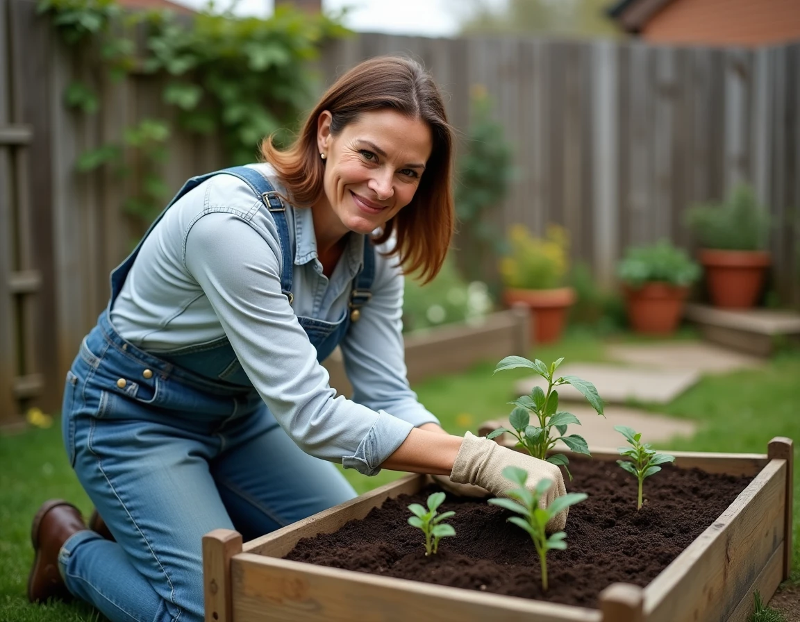 Femme jardinant dans un potager surélevé en bois au printemps, transplantant des jeunes plants dans une terre riche