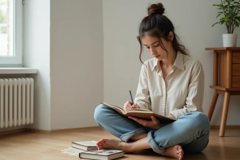Femme en intérieur minimaliste en train de journaliser