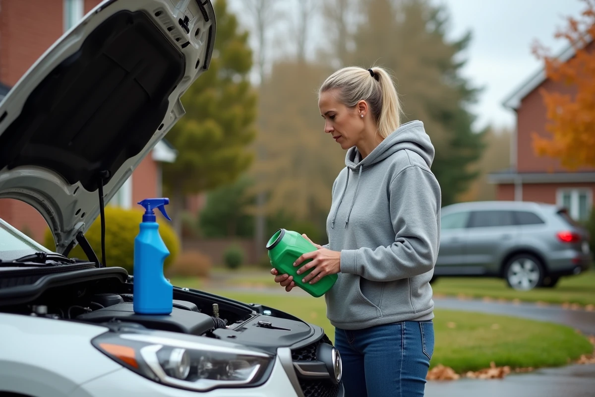 Femme en vêtements décontractés lisant l'étiquette d'un bidon de liquide de refroidissement à côté d'un lave-glace bleu posé sur le pare-chocs de sa voiture dans une allée résidentielle