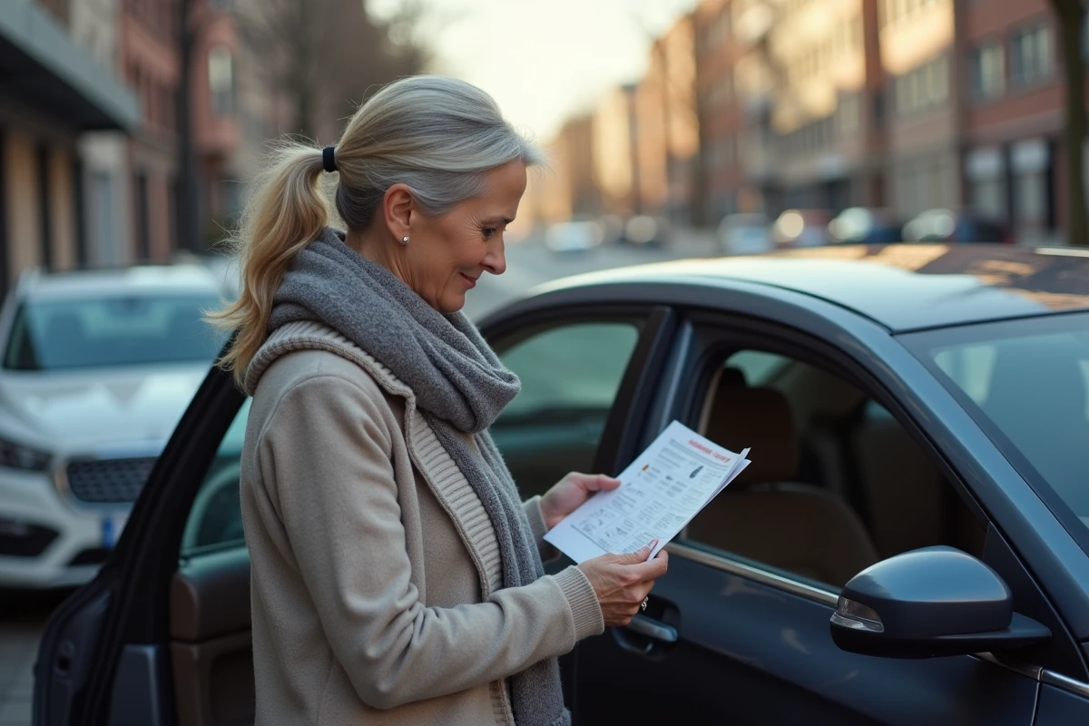 Femme lisant le manuel de voiture à côté d