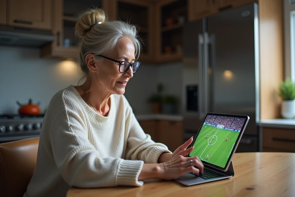 Femme regardant un match de football sur une tablette dans la cuisine