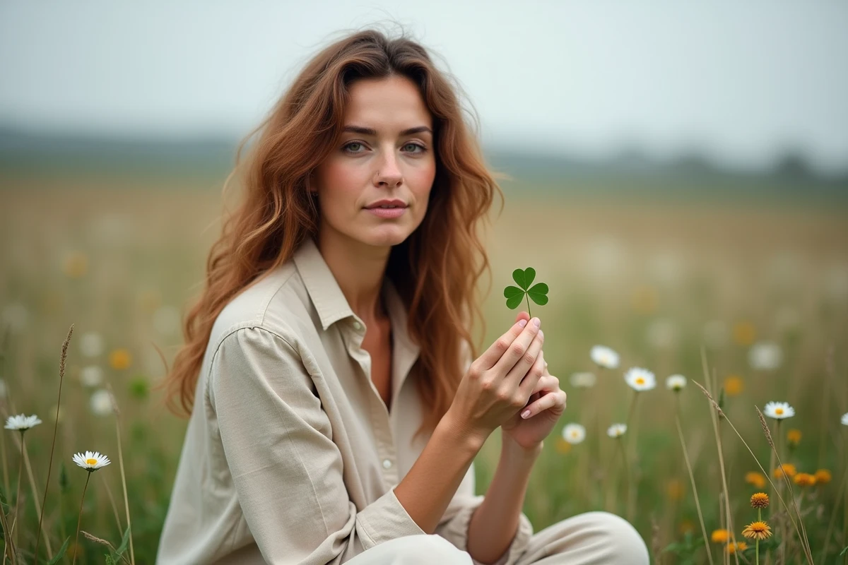 Femme tenant un trèfle à cinq feuilles dans une prairie fleurie, évoquant la spiritualité et la connexion à la nature