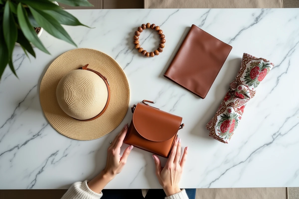 Flat-lay d'accessoires de mode tendance sur marbre blanc – chapeau en paille, bracelet, sac bandoulière en cuir cognac et bandana en soie