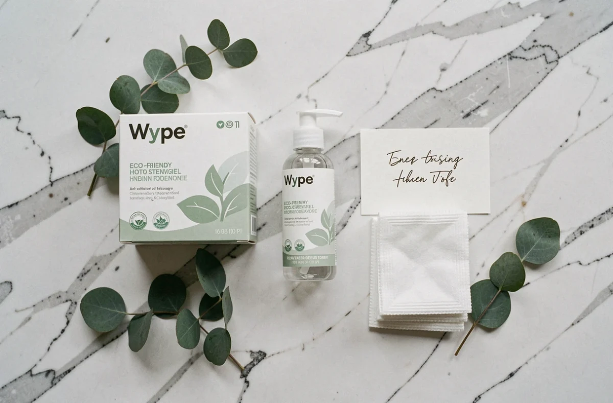 Flat lay des nouveaux produits Wype sur marbre blanc avec feuilles d'eucalyptus, présentation soignée de la gamme eco-responsable