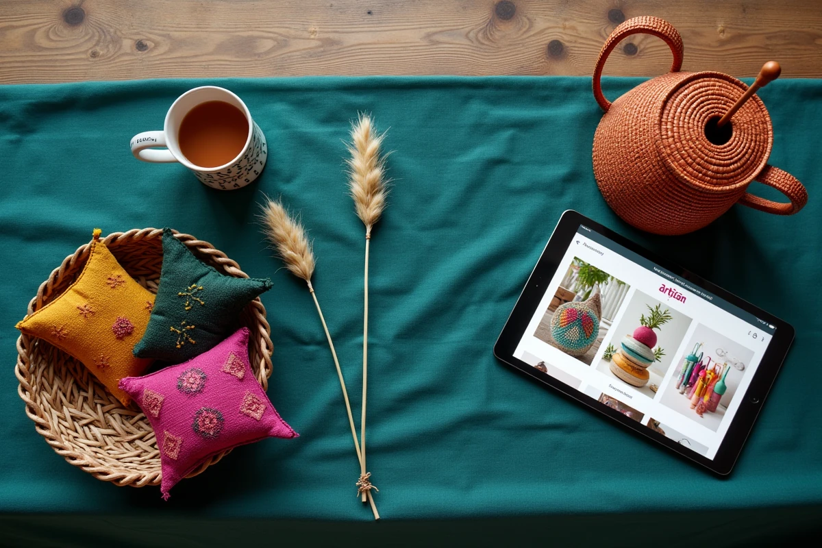 Vue de dessus d'une composition flat-lay avec des objets artisanaux colorés et une tablette affichant un site de shopping en ligne sur fond de lin sarcelle