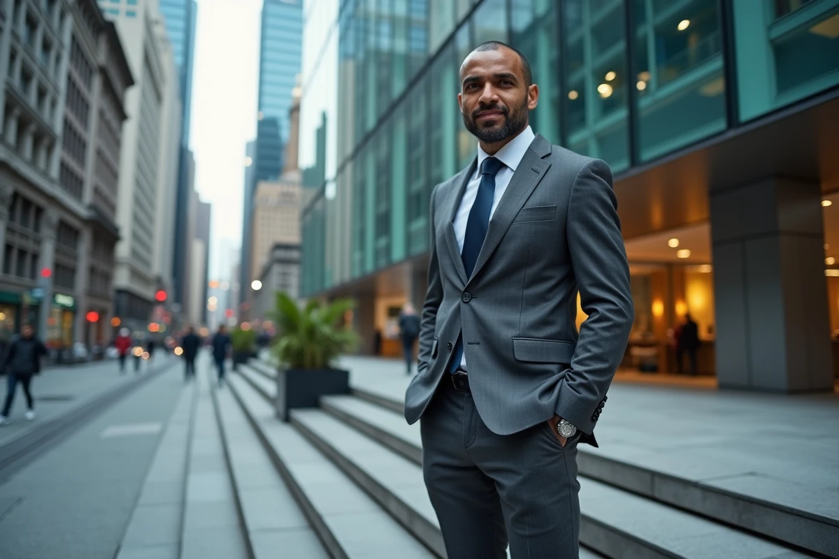 Homme d'affaires d'origine maghrébine devant un immeuble moderne en verre symbolisant la réussite entrepreneuriale et l'ambition