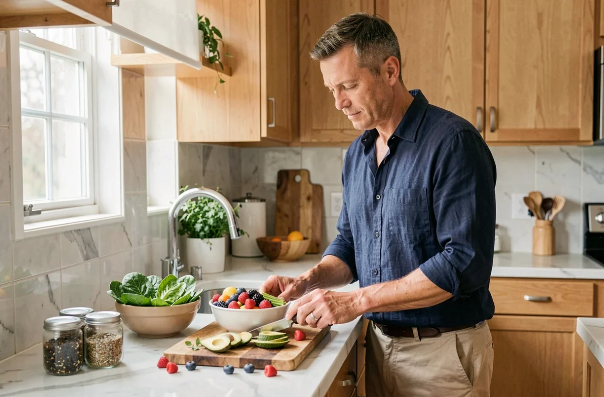 Homme préparant un repas sain et équilibré dans une cuisine moderne pour une alimentation saine au quotidien