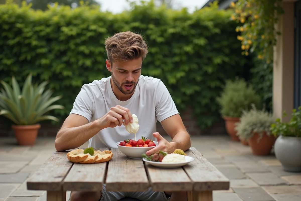 Jeune homme tentant de mettre de la chantilly sur des fraises dans le jardin