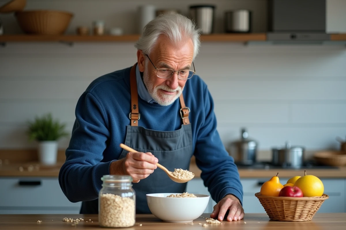 Homme âgé examine une étiquette de farine d