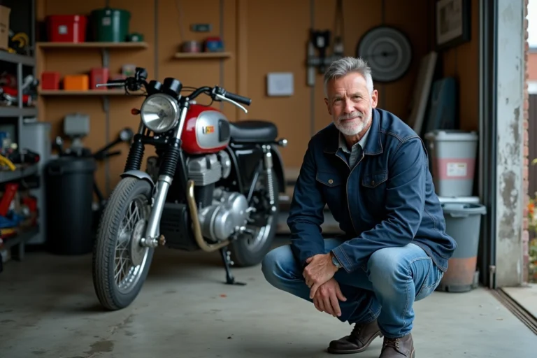 Homme d'âge moyen avec moto classique dans un garage organisé