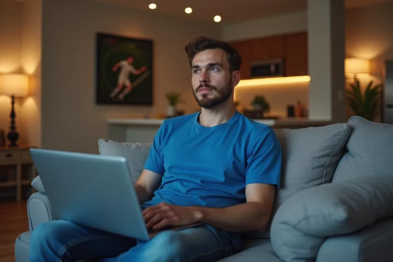 Jeune homme regardant un match de football sur son ordinateur