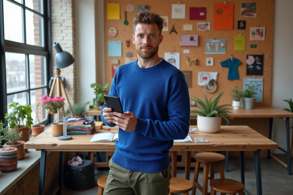 Homme tenant un smartphone affichant un site de shopping en ligne dans un atelier créatif décoré d'échantillons de tissus colorés et de croquis