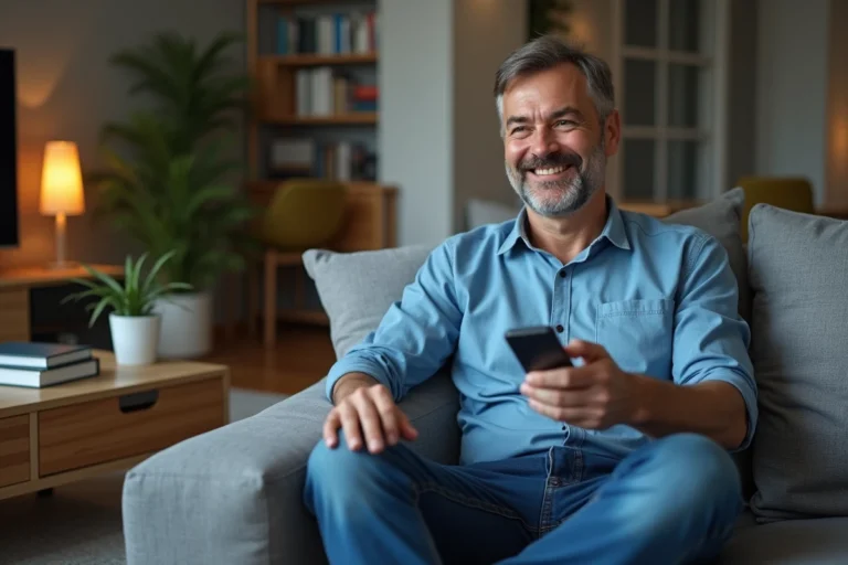 Homme souriant assis sur un canapé dans un salon moderne