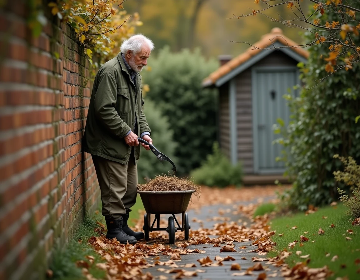 Homme taillant des haies avec un sécateur à long manche dans un jardin en automne avec des feuilles tombées sur le sol
